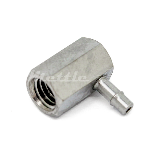 Brass 90° Female Elbow 1/16" Hose ID Barb - 10-32 UNF Female Nickel Plated, Single Barb Design