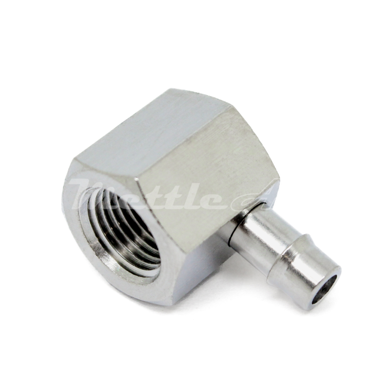 Brass 90° Female Elbow 3/16" Hose ID Barb - 1/8" NPT Female Nickel Plated, Single Barb Design