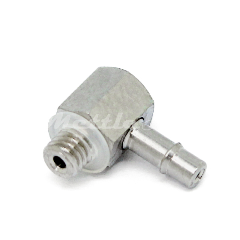 Brass 90° Male Elbow 1/16" Hose ID Barb - M3 x 0.5 Male Nickel Plated, Single Barb Design