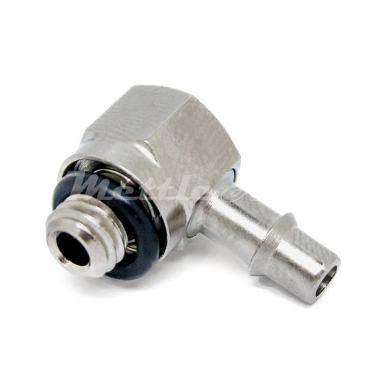 Brass 90° Male Elbow 1/16" Hose ID Barb - 10-32 UNF Male Nickel Plated, Single Barb Design