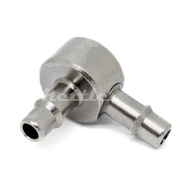 Brass 90 Elbow Union 1/8" Hose ID Barb - 1/8" Hose ID Barb Nickel Plated, Single Barb Design