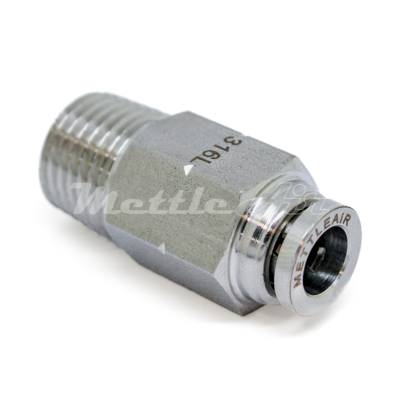 SS 316L PTC Check Valve Male, Flow from Tube to Thread, 8 mm OD - 1/4" NPT Male